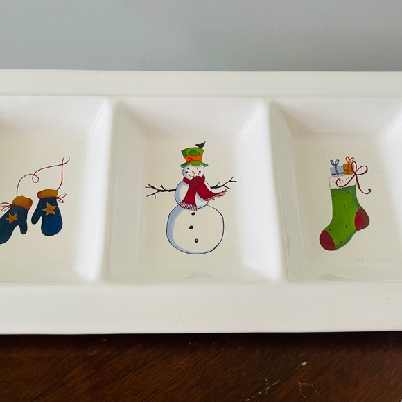 White ceramic divided serving tray with hand-painted Christmas designs - Picture 2 of 5